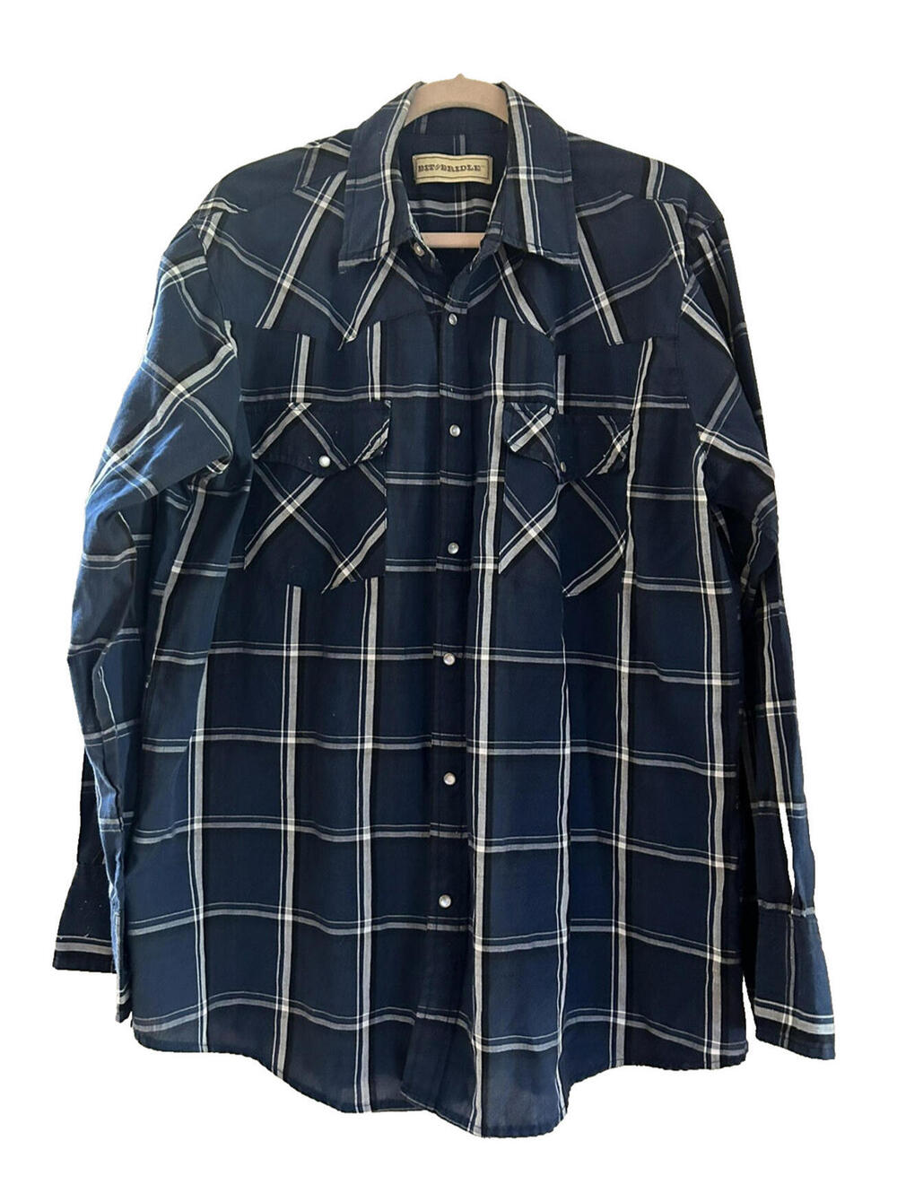 Bit and Bridle Long Sleeve Button Down Shirt Mens XL Pearl Button Plaid